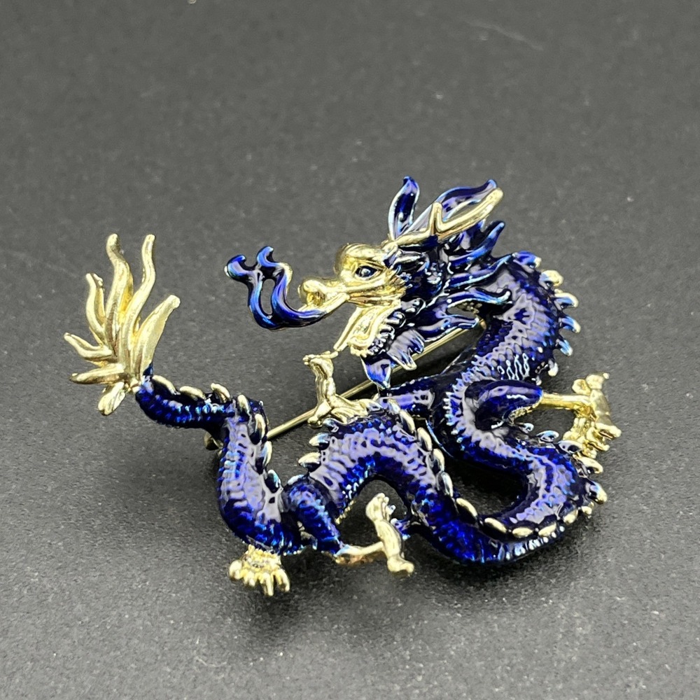 Dragon Blue Gold Tone Lapel Hat Pin
